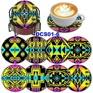 Beautiful 5D Diamond Art Coasters Assorted Round Aztec Pattern Coasters DIY Diamond Coasters Kit With Holder
