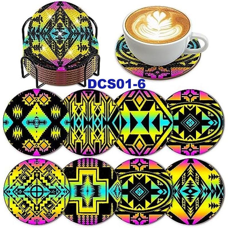 Beautiful 5D Diamond Art Coasters Assorted Round Aztec Pattern Coasters DIY Diamond Coasters Kit With Holder