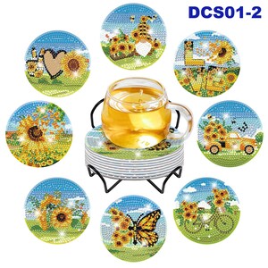 Beautiful 5D Diamond Art Coasters Assorted Round Sunflowers Scenery Coasters DIY Diamond Coasters Kit With Holder