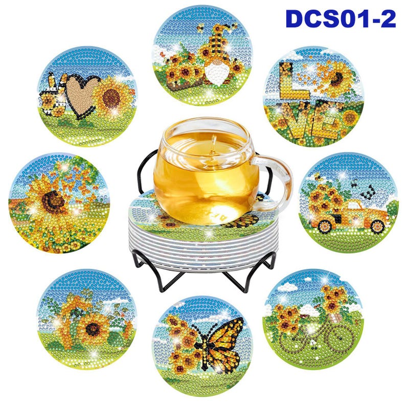 Beautiful 5D Diamond Art Coasters Assorted Round Sunflowers Scenery Coasters DIY Diamond Coasters Kit With Holder