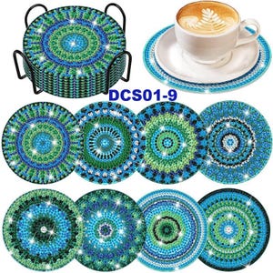 Beautiful 5D Diamond Art Coasters Assorted Round Green Arabesque Medallion Coasters DIY Diamond Coasters Kit With Holder