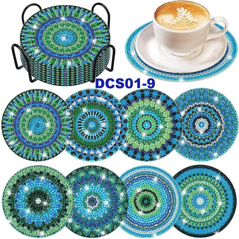 Beautiful 5D Diamond Art Coasters Assorted Round Green Arabesque Medallion Coasters DIY Diamond Coasters Kit With Holder