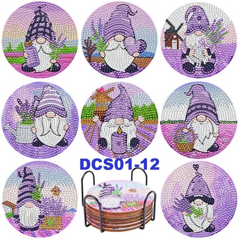 Purple Gnome Gardening Diamond Painting Coaster, DIY Diamond Coaster Kit with Holder