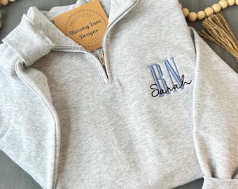 Personalized Nurse Quarter Zip Sweatshirt: Embroidered RN, LPN, CNA Gift