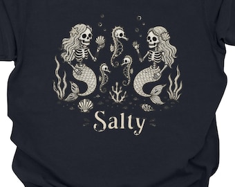 Salty Mermaid Skeletons T-shirt | Nautical Sea Creature Line Art