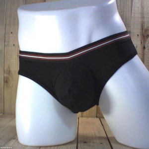 May include: Black briefs with a white and red striped waistband. The underwear is displayed on a white mannequin against a wooden background. The briefs have a contoured pouch.