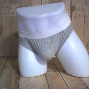 May include: A pair of heather gray briefs featuring a wide, solid white elastic waistband. The garment is displayed on a smooth, white, torso-shaped mannequin, showcasing the fabric texture and the clean, simple design of the underwear.
