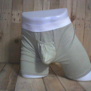 Könnte beinhalten: Beigefarbene Boxershorts in einem hellen Beigeton mit einem auffälligen weißen elastischen Bund. Das Kleidungsstück verfügt über ein konturiertes Vorderteil und wird auf einem Schaufensterpuppen-Torso präsentiert, um die Passform zu zeigen.