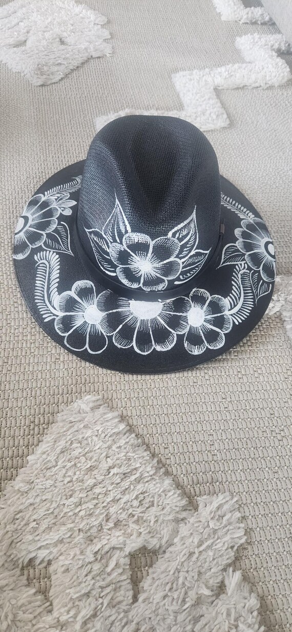 Black Hat With Hand Painted White Flowers - Etsy display picture 2