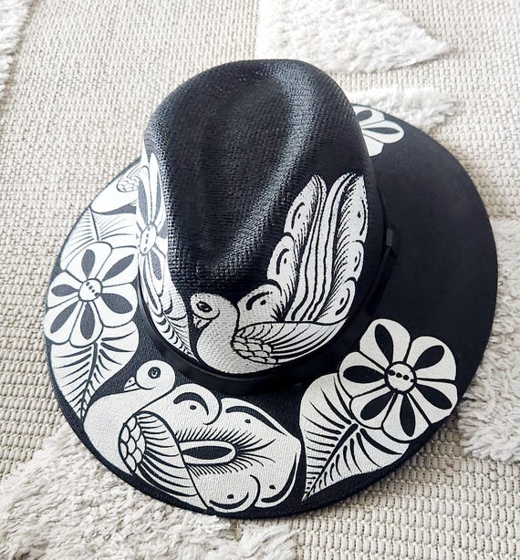 Black Straw Hat With White Painted Peacocks and Flowers - Etsy