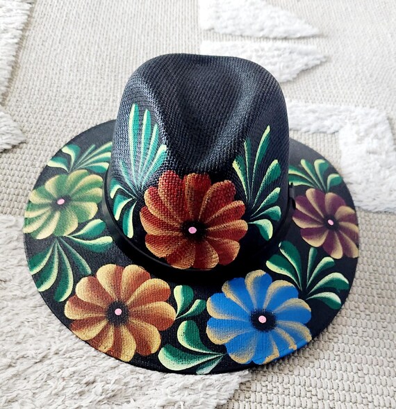 Black Painted Wide Brim Straw Hat Black Straw Hat With White Painted Peacocks and Flowers - Etsy main image 2