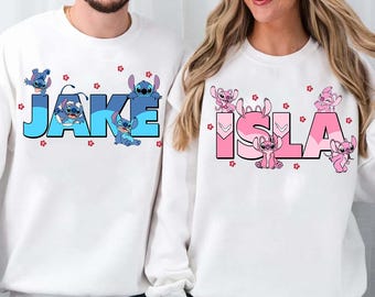 Camisetas a juego con nombre personalizado de Stich y Ángel para pareja, camiseta de colores cómodos de Disney Lilo & Stitch, camiseta de pareja de Magic Kingdom Disneyland