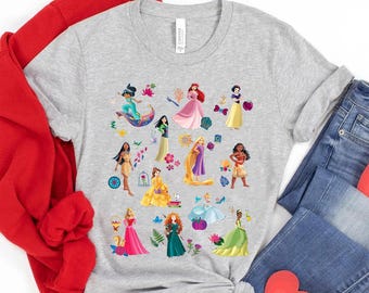 Camiseta de colores cómodos de las princesas de Disney: Jazmín, Aurora, Blancanieves, Ariel, Cenicienta, Rapunzel, Pocahontas, camiseta familiar mágica de Disney a juego