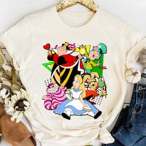 Retro Alice In Wonderland Character Group Shot Comfort Colors T-Shirt, Queen of Hearts Red Queen, Mad Hatter, Cheshire Cat, March Hare