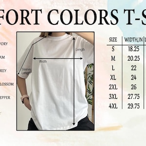 The image is a collage of various colored t-shirts, each with a different size and width listed. The t-shirts are labeled with their respective sizes and widths, providing a visual guide for potential buyers.