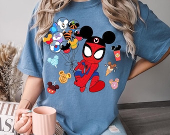 Camiseta de Spider-Man con orejas de Mickey y colores cómodos, camiseta de Spider-Man con Mickey, camiseta de comida de Disney, camiseta familiar a juego de Magic Kingdom Disneyland