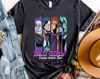 Camisa de colores cómodos con retrato grupal de chicas malas de Disney Villanas para divertirse más, camisa de vacaciones de Disneyland con Ursula, Cruella, Reina malvada, Maléfica