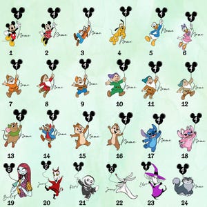 May include: A collection of cartoon character illustrations, each holding a black balloon with a number. Characters include Mickey Mouse, Minnie Mouse, Goofy, Pluto, Donald Duck, and Daisy Duck. Each image has the word "Name" written.