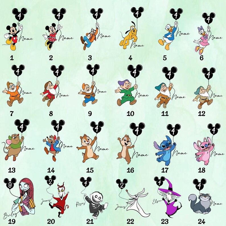 May include: A collection of cartoon character illustrations, each holding a black balloon with a number. Characters include Mickey Mouse, Minnie Mouse, Goofy, Pluto, Donald Duck, and Daisy Duck. Each image has the word "Name" written.