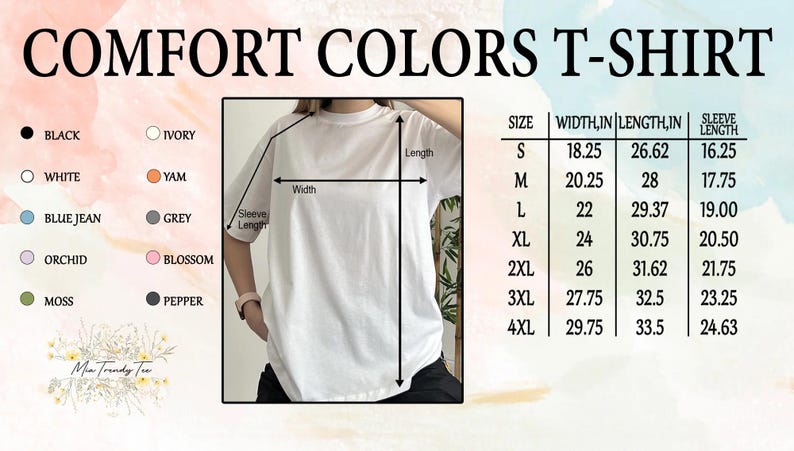 The image is a collage of various colored t-shirts, each with a different size and width listed. The t-shirts are labeled with their respective sizes and widths, providing a visual guide for potential buyers.