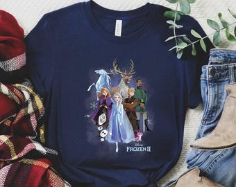 Disney Frozen II-personages groepsfoto comfortkleuren T-shirt, Frozen Elsa Emma Olaf T-shirt, Retro Frozen T-shirt, Disney Princess-shirt