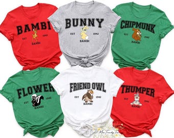 T-shirt met bijpassende comfortkleuren Disney Bambi-personagegroep, T-shirt Bambi Flower Thumper Bunny, Animal Kingdom Disneyland-familieshirt
