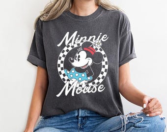 Camiseta retro de Disney Minnie Mouse con círculos a cuadros y colores cómodos, ideal para vacaciones familiares en Magic Kingdom Disneyland, ideal como regalo de cumpleaños.