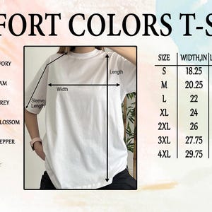 The image is a collage of various colored t-shirts, each with a different size and width listed. The t-shirts are labeled with their respective sizes and widths, providing a visual guide for potential buyers.