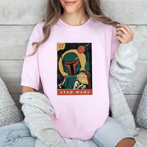 Carte à collectionner vintage Star Wars Boba Fett '77 T-shirt couleurs confort graphique, chemise Star Wars, t-shirt unisexe vacances Edge de Disneyland Galaxy