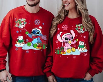 Comfort Colors Disney Lilo & Stitch Christmas Couple Shirts, Stitch Angel Xmas Tee, Magic Kingdom Disneyland Family Vacation Shirt