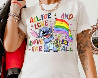 Camiseta Disney Stitch con la bandera arcoíris y colores cómodos. Todo por amor y amor para todos. Celebración del Mes del Orgullo. Camiseta LGBT de Disney Lilo y Stitch.