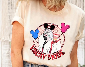 Camiseta de 101 dálmatas con la villana Cruella de Vil en modo vacaciones, camiseta de Disney Epcot, camiseta de vacaciones familiares en Disneyland