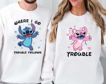 Camiseta de pareja de Disney con colores personalizados y cómodos, Lilo y Stitch, camiseta de Stitch y Ángel "Donde voy, los problemas siguen", camiseta a juego de Disneyland para pareja.