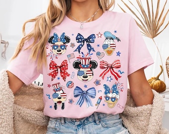 Disney Musse Pigg och vänner 4 juli Coquette Rosett T-shirt i bekväma färger, Min Disney Patriotiska T-shirt, Glad självständighetsdag, USA Flagga Skjorta