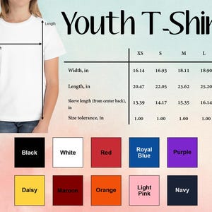 a young girl wearing a youth t - shirt