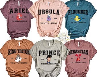 Disney Little Mermaid Character Comfort Colors T-Shirt, Ariel Flounder King Triton Ursula Tee, Magic Kingdom Disneyland Family Matching Tee