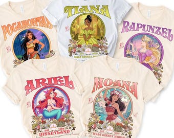 Camiseta personalizada de princesas Disney con estampado floral retro y colores cómodos, camiseta de Moana, Pocahontas, Tiana, Ariel y Rapunzel, camiseta a juego de Magic Kingdom Disneyland.