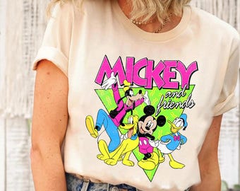 Vintage retro T-shirt Mickey en vrienden comfortkleuren, shirt Mickey Donald Goofy Pluto, shirt Magic Kingdom Disneyland familievakantie