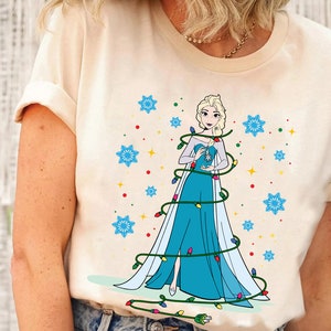 Camiseta de Navidad con copos de nieve y luces de Elsa de Frozen de Disney, camiseta de Mickey&#39;s Very Merry Xmas, camiseta de princesa de Disney, camiseta de la película Frozen