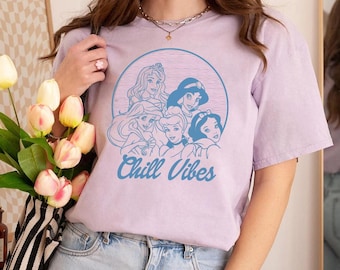 Retro Disney-prinsessen Chill Vibes Comfort kleuren shirt, shirt Assepoester Ariel Aurora Jasmine Sneeuwwitje prinsessen, shirt Disneyland Trip