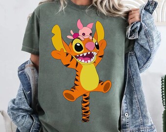 Disney Stitch Tigger-kostuum comfortkleuren T-shirt, T-shirt Lilo And Stitch gekruist, Pooh and Friends-shirt, T-shirt Magic Kingdom Disneyland