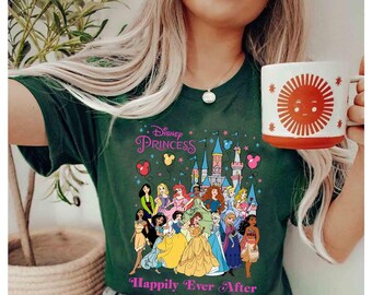 Camiseta Disney Princesses Felices para Siempre, Camiseta Disney Castle, Camiseta Princesa Aurora, Ariel, Cenicienta, Blancanieves, Elsa y Moana