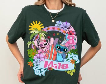 Camiseta personalizada de cumpleaños de Lilo y Stitch con colores cómodos, camiseta de Stitch y ángel, camiseta familiar a juego de Magic Kingdom Disneyland.