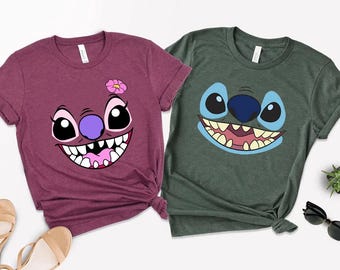 Maglietta carina Disney Lilo & Stitch Big Face Stitch e Angel Comfort Colors, maglietta abbinata per coppie, maglietta regalo di compleanno per la famiglia