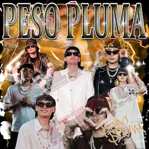 Könnte beinhalten: Werbebild mit mehreren Personen, alle mit Sonnenbrillen und Schmuck. Der Text "PESO PLUMA" steht oben, mit zusätzlichem Text unten. Der Hintergrund hat einen Gold- und Gelbverlauf mit Blitzgrafiken.