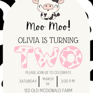 Pink Cow Two Year Old Birthday Invitation (Digital File)