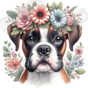 Digital Boxer Flower Dog Art - Cute Boxer  Puppy PNG Instant Download for Home Decor and Crafting Gifts