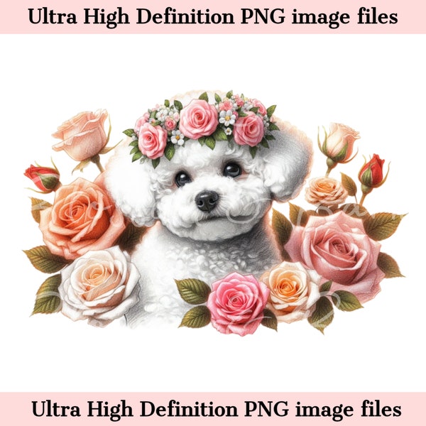 Digital Cute Bichon Frise PNG Flower Dog Art - Cute bichon puppy PNG Instant Download for Home Decor and Crafting Gift - Dog Mom Sublimation