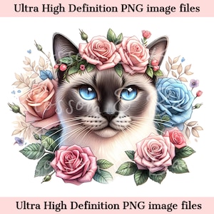 Numérique beau chat siamois PNG fleur chat Art - mignon chaton PNG téléchargement immédiat pour décoration d'intérieur et cadeaux créatifs - mignon chat maman cadeaux