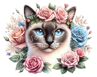 Digital Beautiful Siamese Cat PNG Flower Cat Art - Cute Kitten PNG Instant Download for Home Decor and Crafting Gifts - Cute Cat Mom gifts